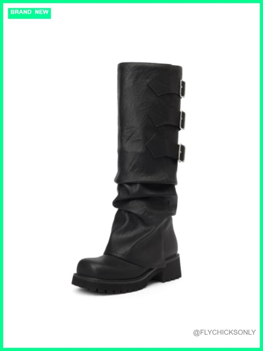 Fold Over Slouchy Square Toe Platform Biker Boots with Buckles
